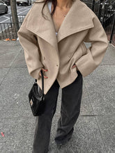 Aurohaya Elegant Double Breasted Wool Coat with Lapel Collar & Pockets for Women Casual Fall/Winter Outerwear